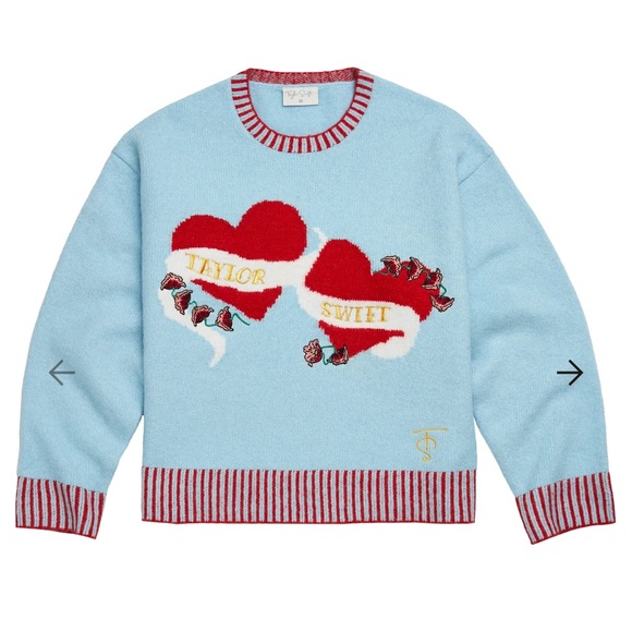 Taylor Swift Sweaters - Taylor Swift Light Blue Sweater with Red Hearts